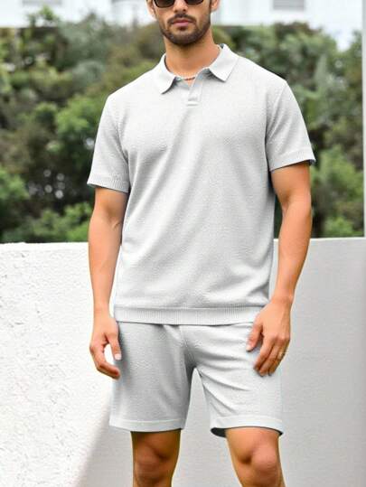 Manfinity Homme Men's Simple Solid Color Polo Collar Short Sleeve Knit Top And Shorts Set, Summer