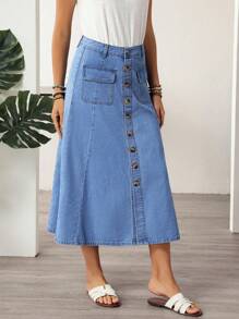 EMERY ROSE Chân váy denim đơn hàng túi hộp thường ngày cho nữ - Màu xanh lam - Xem 4