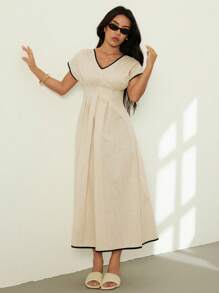 SHEIN PETITE Women's V-Neck Flutter Sleeve Pleated Dress, Summer - Beige - View 4