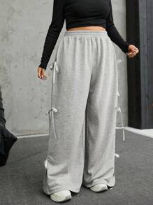 SHEIN EZwear Quần nỉ thể thao thường ngày rộng rãi có nơ trang trí cho nữ cỡ lớn - Xám - Xem 4