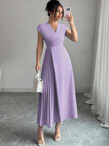 Elenzga 女士优雅简约 V 领腰部褶皱下摆落肩长裙，适合通勤、办公室、商务、休闲、度假、下午茶，纯色 - 淡紫色 - 查看 1