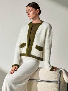 CLARA VERO Women Contrast Trim Cardigan With Flap Detail Knit Sets Sweater Set Coords Sets Women Two Tone Cardigan Casual Chic Vintage Light Pink Long Sleeve V-Neck Solid Color Knit Pullover Sweater, Minimal Elegant Cozy Winter Modest Top For Women Fuzzy Knit Set Two Piece Knit Set,Cardigans,Petite,Tall - White - View 1