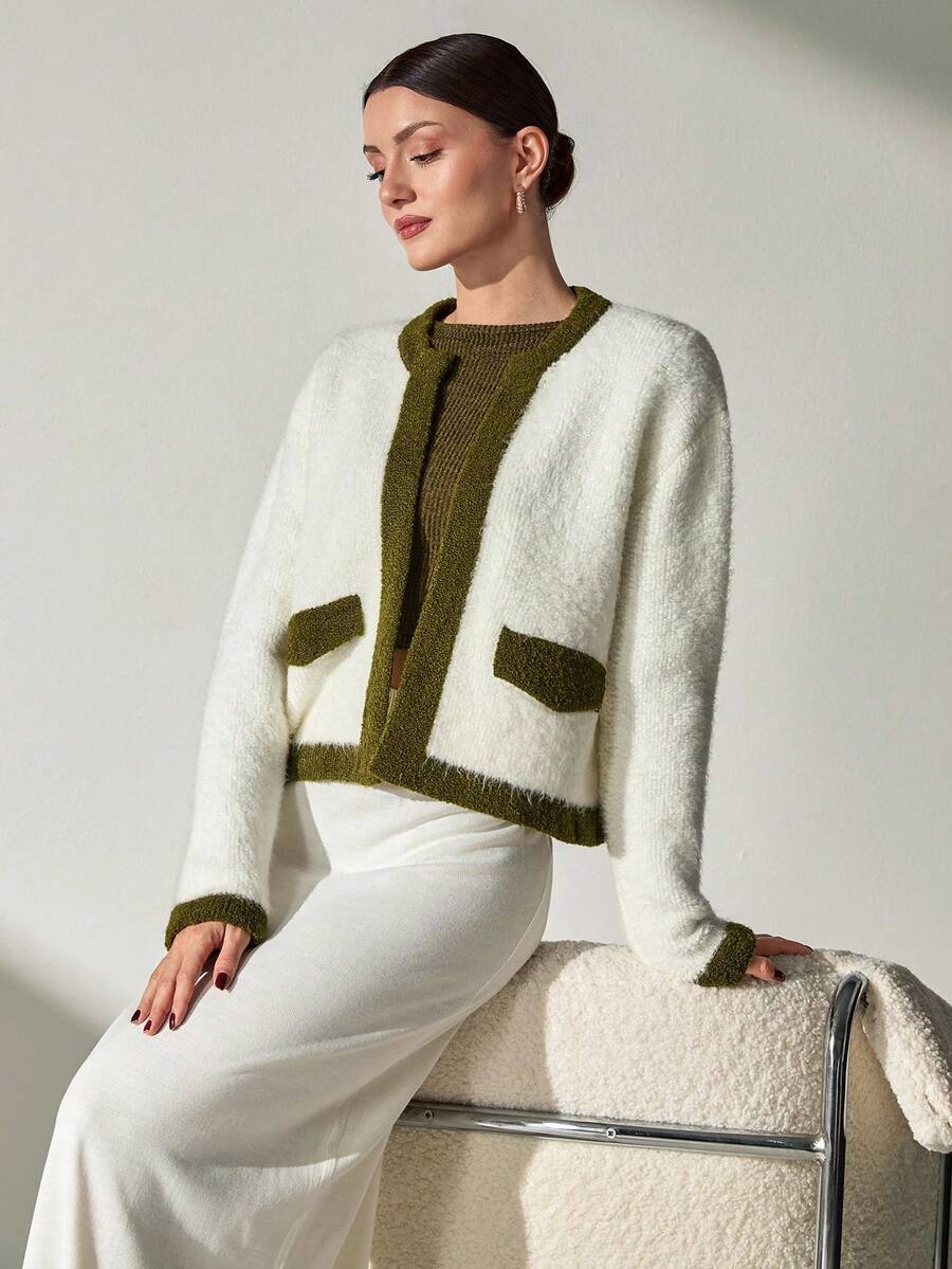 CLARA VERO Women Contrast Trim Cardigan With Flap Detail Knit Sets Sweater Set Coords Sets Women Two Tone Cardigan Casual Chic Vintage Light Pink Long Sleeve V-Neck Solid Color Knit Pullover Sweater, Minimal Elegant Cozy Winter Modest Top For Women Fuzzy Knit Set Two Piece Knit Set,Cardigans,Petite,Tall - White - View 1