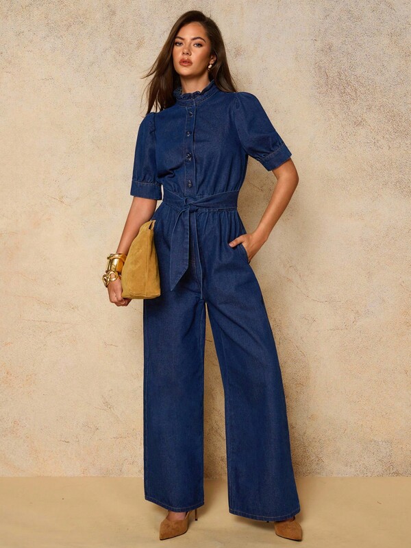 COSMINA Women's Solid Color Tie Front Button Down Short Sleeve Denim Jumpsuit, Old Money, Fall Women Clothes Wide Leg Denim Jumpsuit