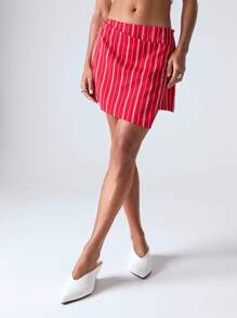 LYSMO 简约红色条纹裙，校园制服，舒适休闲，通勤百搭女士短裙 - 紅色 - 查看 4