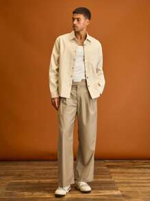 Musero 男士长袖纽扣前袋细节夹克，春夏度假款 - 杏色 - 查看 4