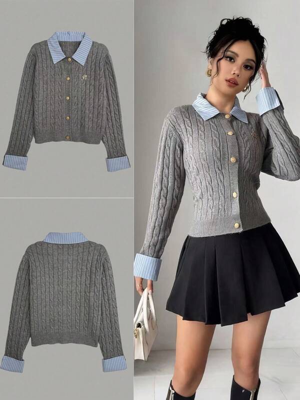 EMERY ROSE European & American Style Blogger Same Design Fashionable Patchwork Knit Sweater Cardigan Fall Winter Cloth For Women