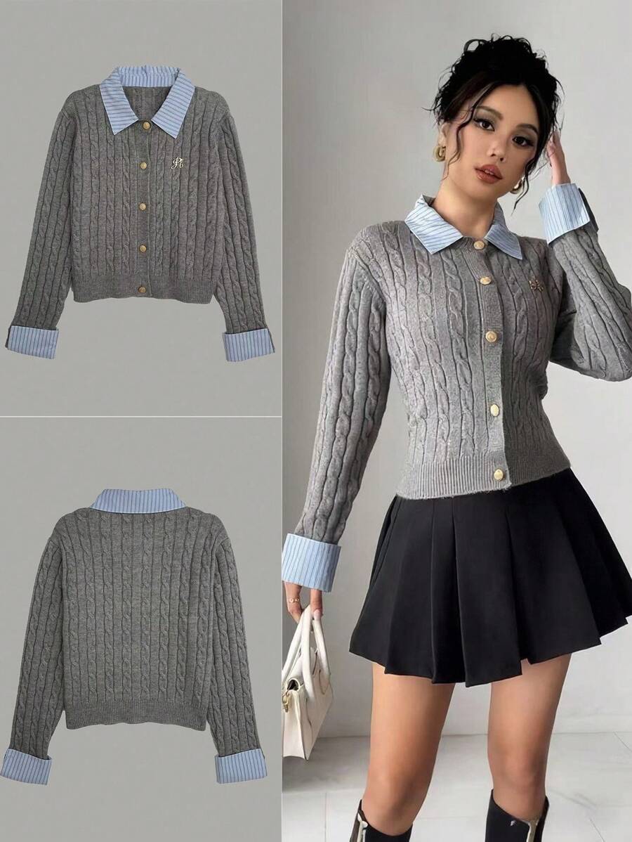 Rafferiza 欧美风博主同款时尚拼布针织毛衣开衫 - 灰色 - 查看 1