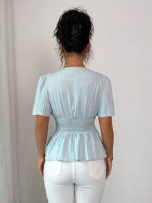 Elenzga Elegancka koszula damska z dekoltem w serek, dopasowana w talii, o kroju litery A, z krótkim rękawem, teksturowana, gładka, wiosna/lato - Niebieski - Zobacz 2