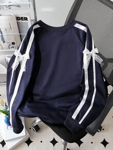 Sweat-shirt-shirt ample en tricot avec nœud pour préadolescentes, décontracté et confortable pour le printemps/automne, style de rue, vacances - Bleu marine - Voir 7