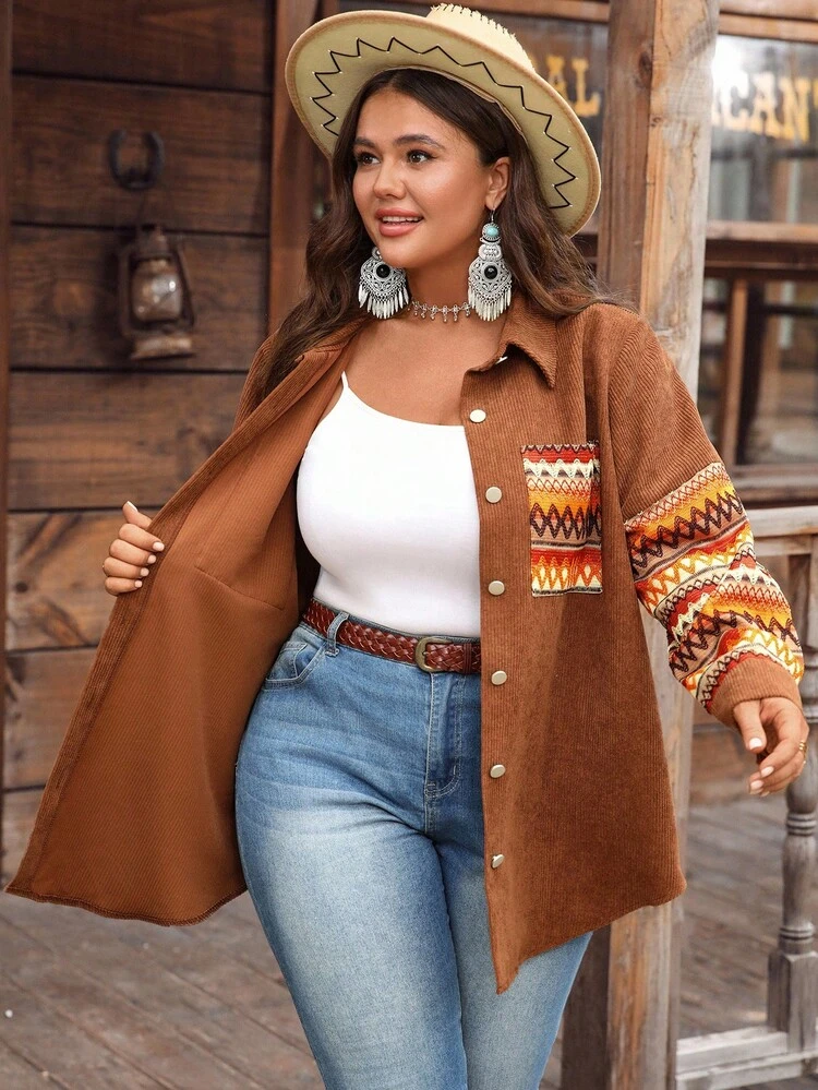 Plus Size Women Autumn Casual Embroidery Stripe Patchwork Long Sleeve Pockets Brown Shirt Shacket, Western Wear,Autumn/Winter,Fall,Vacation Women,Simple And Fashionable For Everyday Wear,Vacay Vibes,Going Out, Fall