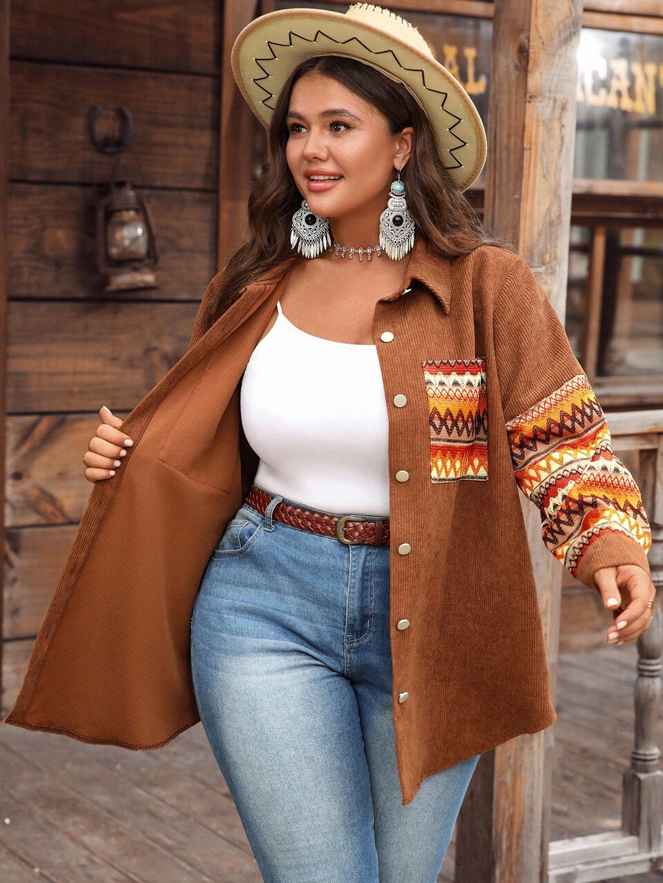Plus Size Women Autumn Casual Embroidery Stripe Patchwork Long Sleeve Brown Shirt Shacket,Western Wear,Hiking,Red Sequin,Fashionable For Everyday Wear