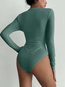 EURMUSE Solid Slim Fit Bodysuit - Olive Green - View 2
