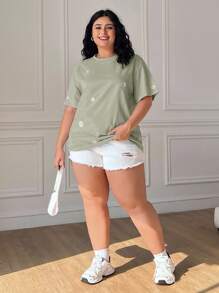 SHEIN EZwear Plus Size Blue Daisy Embroidered Short Sleeve Casual T-Shirt, Spring/Summer Clothes - Olive Green - View 5