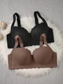 DesireSculpt 2pcs/Set Plus Size Lace Supportive Wireless Lift And Shaping Bras - Multicolor - View 8