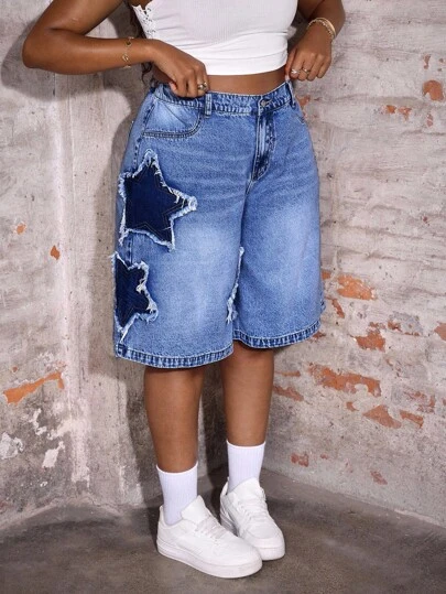 Slaydiva 大码宽松蓝色星星印花牛仔短裤，休闲