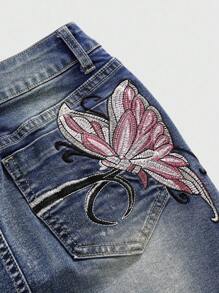 ROMWE Fairycore Váy bó sát cơ thể mini Y2K Babe Slim Fit thêu hình bướm gợi cảm cạp thấp - Màu xanh lam - Xem 2