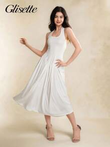 少女连衣裙，白色长裙细肩带方领束腰露背，适合度假、户外、学校、春夏季 - 白色 - 查看 8