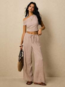 Poéselle 2 Stücke Damen Sommer lässiges einfarbiges Set mit asymmetrischem Kragen anliegender Crop Top und weiter Hose mit Kordelzug Taille