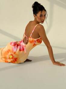 Aloruh 橙色热带花卉优雅迷人风格春夏假期细肩带紧身性感印花女式连衣裙，适合暑假、海滩、派对