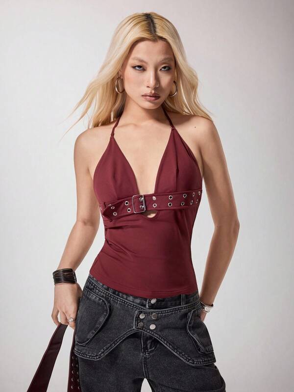 Shutterstock Boheris Wine Red, Punk, Casual, Street Fashion, Metal, Strap Design Women Tight Halter Neck Tank Top, Suitable For Summer, Vacation, Music Festival, Party Halter Tops For Women Buckle Top Clubbing Tops