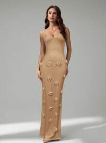 SHEIN Tall 女士 3D 花卉装饰吊带背心连衣裙 - 卡其色 - 查看 3