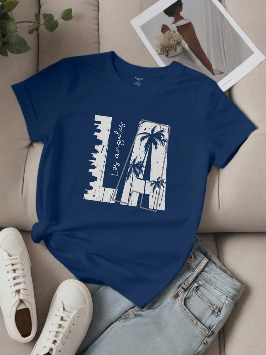 SHEIN Unity Áo thun tay ngắn in chữ Slogan dành cho nữ LOS ANGELES Áo thun họa tiết dành cho nữ - Màu xanh hải quân - Xem 1