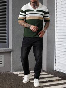 Manfinity Homme 男式撞色条纹短袖针织上衣 - 彩色 - 查看 4