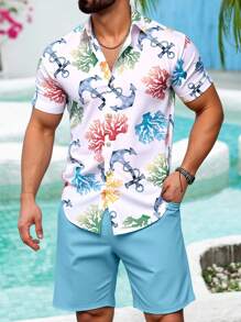 Manfinity RSRT 2 件男士 Anchor & Coral 休闲度假短袖衬衫和短裤套装