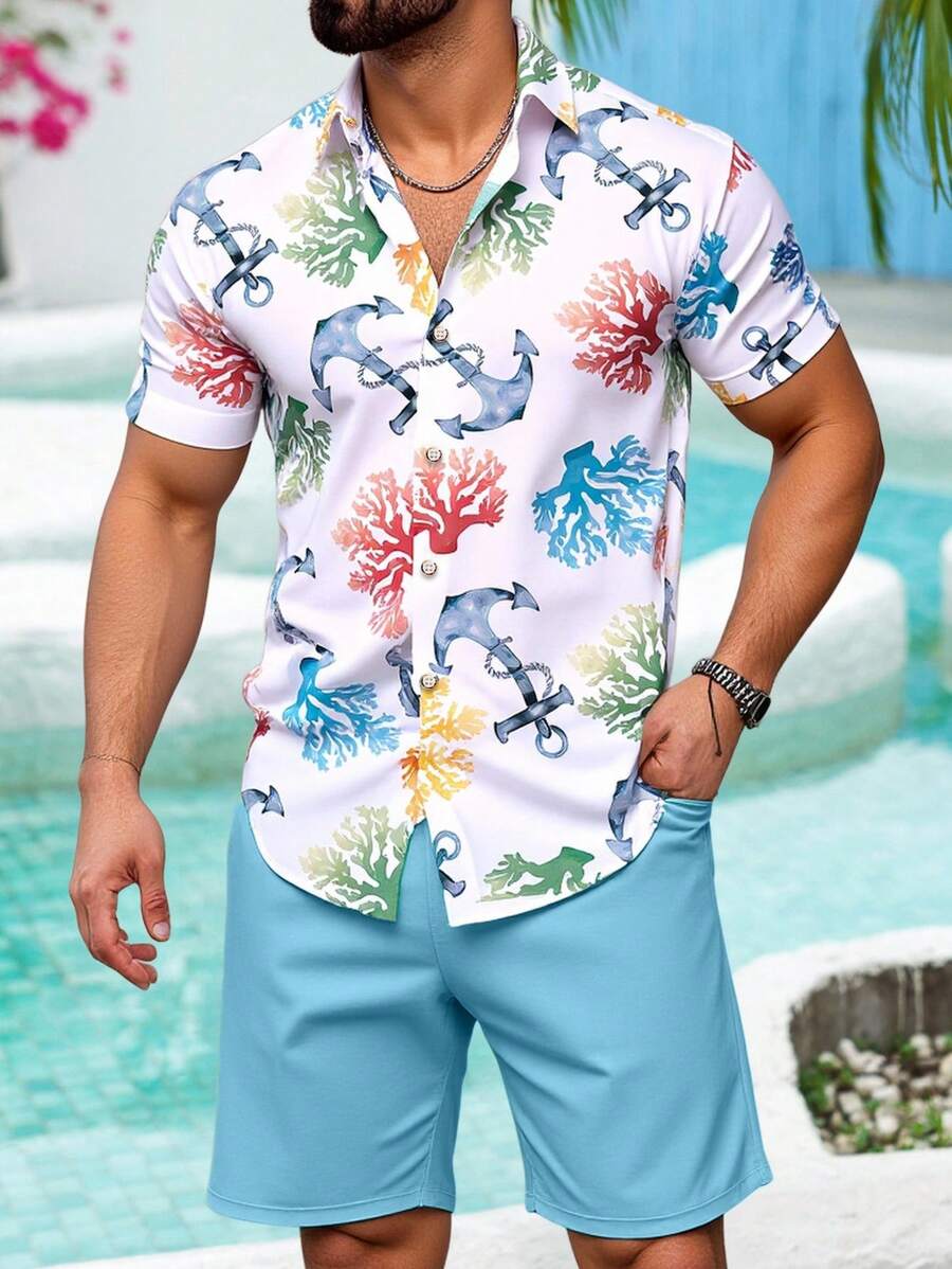 Manfinity RSRT 2 件男士 Anchor & Coral 休闲度假短袖衬衫和短裤套装