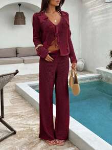 EURMUSE 女士夏季钩针海滩度假春季度假装波西米亚风纯棉白色派对太阳裙套装女式两件套沙滩装 - 酒紅色 - 查看 3