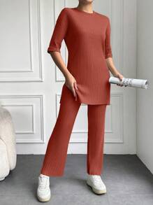 EURMUSE 100%Cotton Drop Shoulder Tee & Pants - Redwood - View 3