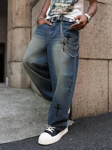 Major Grit Manfinity Streetrush Korean Style Straight Leg Loose Jeans With Embroidery, Street Fashion Men Baggy Jeans - Blue - View 2