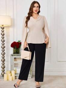 Modelyn Damen Stehkragen Langarm Bindebündchen Satin Top und gerade geschnittene Hose, eleganter Zweiteiler, Große Größen, Business Casual - Verschiedenfarbig - Übersicht 3