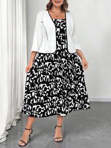 SHEIN Clasi 大码女式两件套，优雅黑白撞色办公室通勤时尚服装两件套裙子女士背心和裙子套装连衣裙配开衫套装黑白裙子黑白连衣裙 - 黑與白 - 查看 8