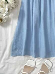 SHEIN Váy dây mảnh màu trơn thường ngày cho bé gái tuổi teen mùa xuân và mùa hè, trang trí nơ, dễ thương/nữ tính - Màu xanh nhạt - Xem 6