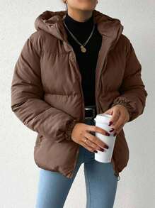 SHEIN Damen einfarbiger Mantel mit Kapuze, Langarm, lässig, locker, gesteppt, für den Winter