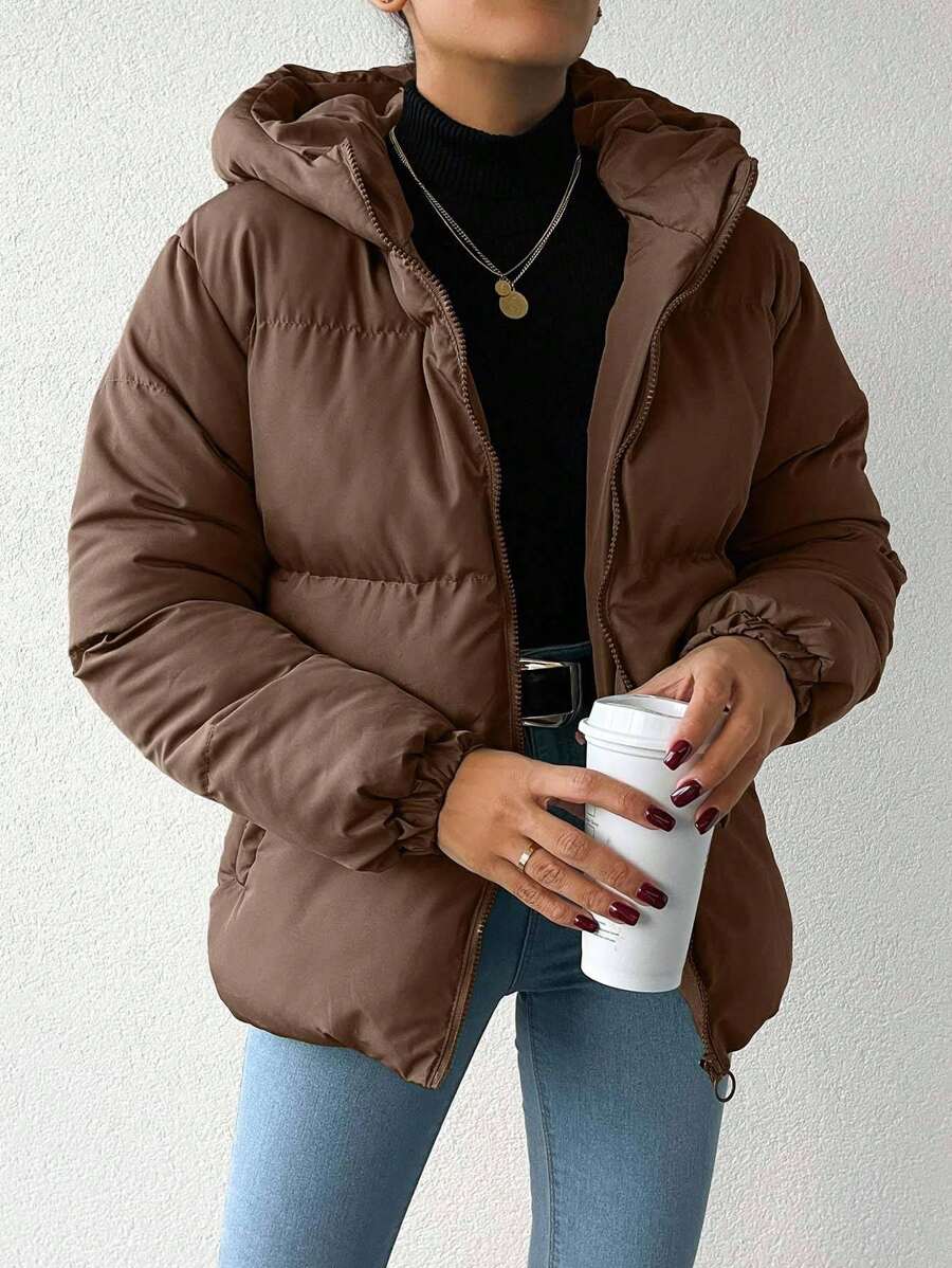 SHEIN Damen einfarbiger Mantel mit Kapuze, Langarm, lässig, locker, gesteppt, für den Winter