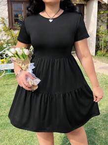 Solflare Black Short Sleeve Loose Fit Plus Size T-Shirt Dress,Spring Summer Clothes - Black - View 3