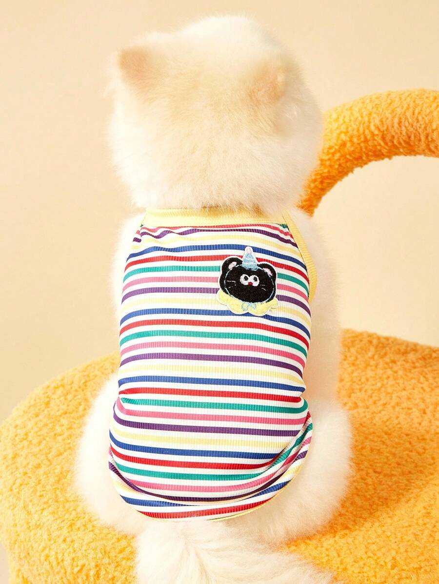 PETSIN 1 件复古彩虹条纹针织弹性柔软宠物猫狗背心,刺绣可爱图案,适合小猫和小狗 - 彩色 - 查看 1