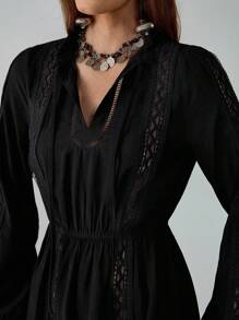 Chiquease Bohemian Romantic Lace Patchwork Dress For Women Black Dress Casual Black Dress Collared Dress Lace Dress Women Dress Fall Cloth For Women - Black - View 2