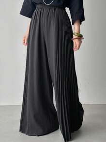 FRIFUL Women's Solid Gray Elastic Waist Side Pleated Casual Versatile Wide Leg Pants Fall - Grey - View 5