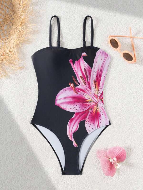 Costum de baie dintr-o singură piesă cu imprimeu floral și bretele, pentru fete preadolescente, potrivit pentru vacanță, înot, plajă de vară