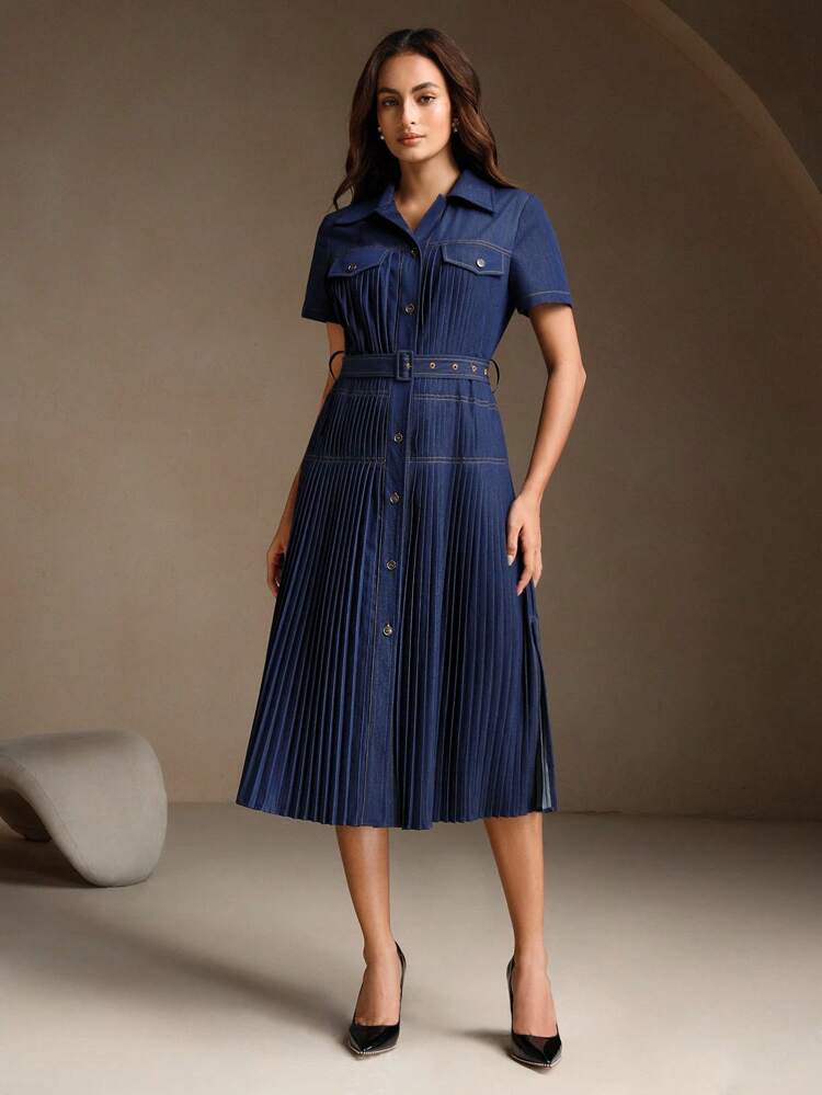 Women's Fashion Casual Versatile Waist-Cinching Pleated Retro Denim Dress