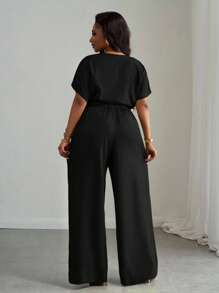 Slaydiva 2pcs Plus Size Women Set,Black,Autumn,Smart Casual,Everyday Loose Drop Shoulder Crop Top,Drawstring Hem,Wide Leg Pants With Pockets,Business Casual - Black - View 3