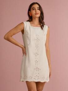 Enchnt Summer/Fall Romantic Women's White Linen Exquisite Floral Hollow Embroidered Lace Sleeveless Loose Mini Dress - White - View 4