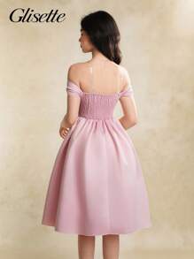 少女粉色露肩荷叶边优雅连衣裙 - 粉色 - 查看 2