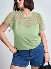 Chikora 大码音乐节女式宽松圆领网眼撞色荷叶边短袖上衣，适合夏季、办公室穿着 - 薄荷綠 - 查看 3