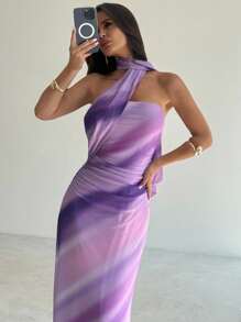 Firerie 新款优雅不对称肩部蝴蝶结紫色渐变网眼连衣裙/薰衣草紫色裙子/露肩挂脖蝴蝶结裙/校服/乡村风女装/休闲度假连衣裙/波西米亚风女装 - 彩色 - 查看 2