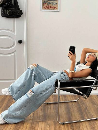 EURMUSE DAMES LAGE TAILLE WIJDE BEEN CASUAL STREETWEAR JEAN LIGHT WASH MET DESTROY DISTREET